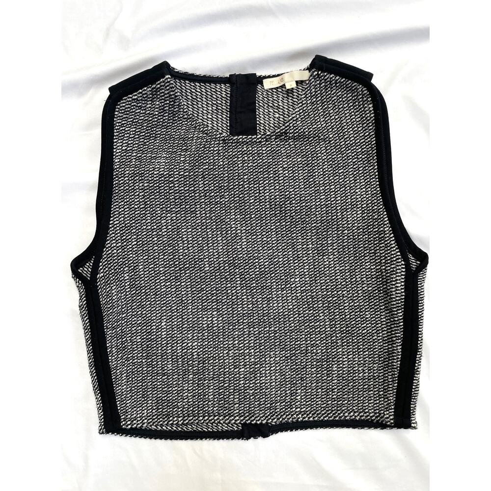 Maje Larza Black White Tweed Jacquard Sleeveless Crop Top, Medium, 2